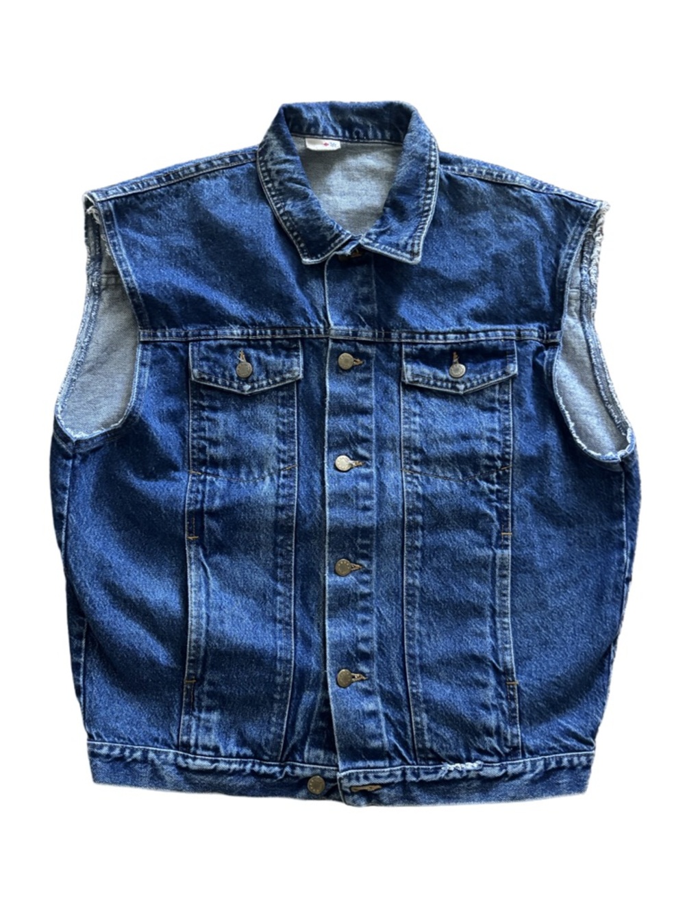 Vintage Workwear Denim French Navy Sleeveless distressed Trucker Vest - Blue XL